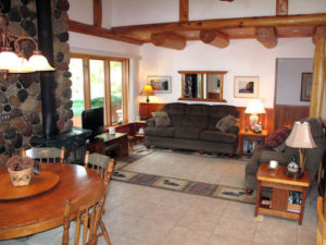 Living room stone douglas fir & cedar logs