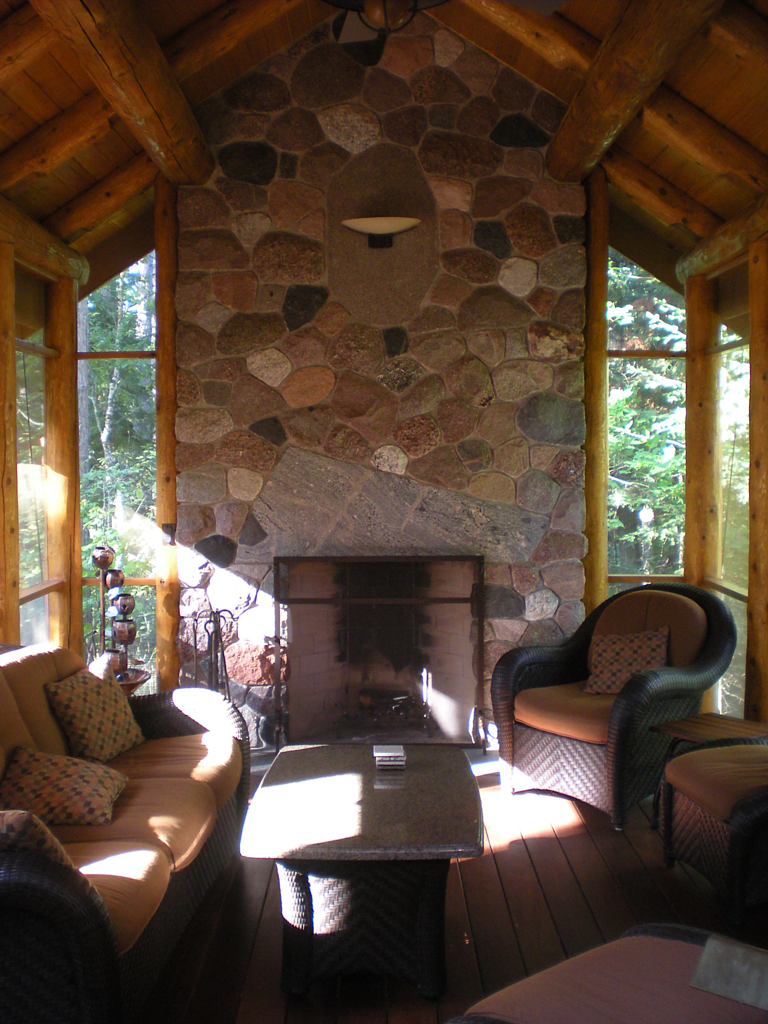 Inside, the impressive stone fireplace