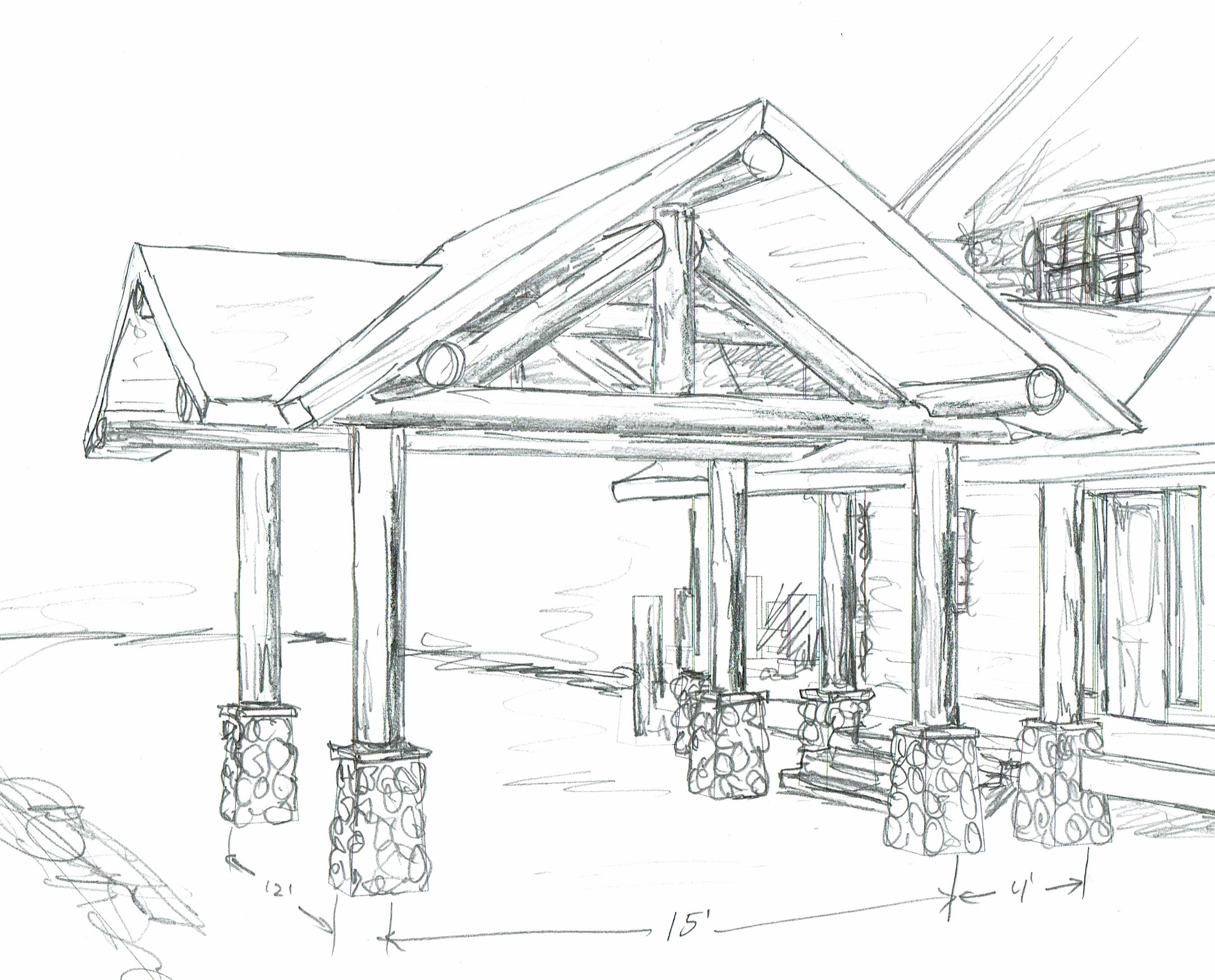 Sketch of drive-through portico log construction Sketch of drive-through portico log construction