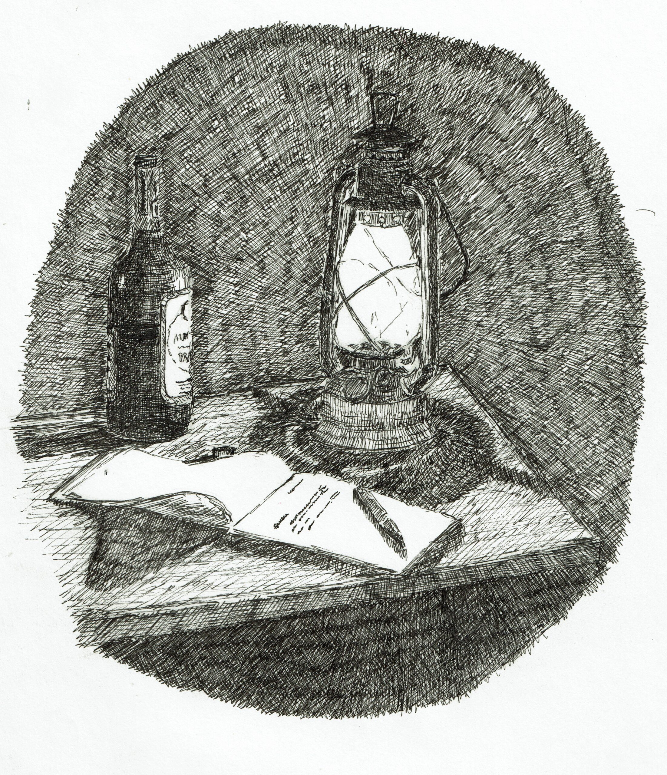 Tablet and Lanturn Buyck log cabin, ink drawing, tablet and lanturn
